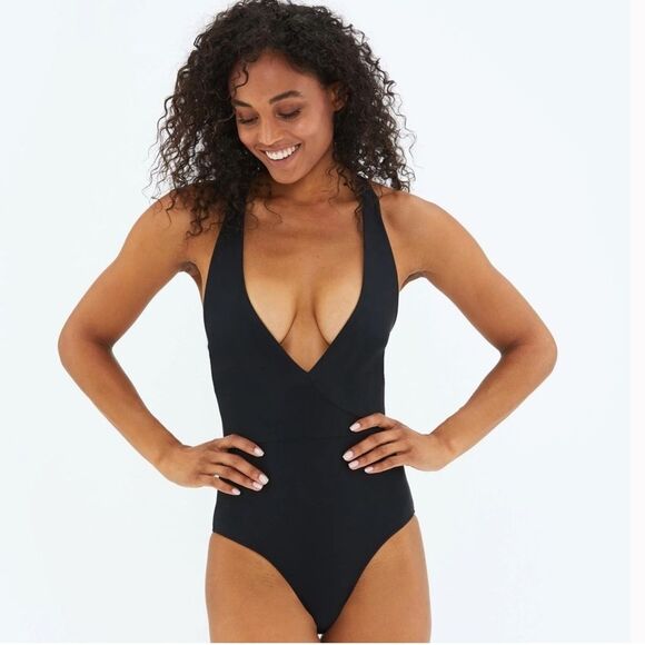 Summersalt Deep Dive Criss Cross Black One-Piece Swimsuit Plunge Neckline Size 8 - Picture 1 of 9